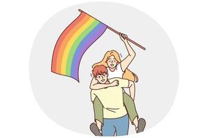 gelukkig paar met lgbt vlag. glimlachen Mens en vrouw tonen ondersteuning Aan trots optocht. homoseksualiteit en liefde vrijheid. vector illustratie.