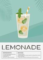 limonade mocktail gegarneerd met munt en citroen. klassiek niet alcoholisch drank recept modern muur kunst afdrukken. zomer drinken poster. minimalistische modieus vector vlak illustratie.