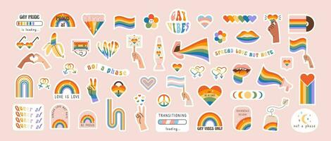 groot vector reeks van lgbtq gemeenschap symbolen met trots vlaggen, geslacht tekens, retro groovy elementen, regenboog gekleurde stickers. trots maand viering. vreemd lgbt vlak stijl pictogrammen en leuze verzameling.