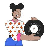 Afrikaanse Amerikaans meisje tonen vinyl Vermelding 2d lineair tekenfilm karakter. gen z zwart vrouw retro muziek- minnaar geïsoleerd lijn vector persoon wit achtergrond. nostalgie hobby kleur vlak plek illustratie