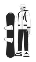 staand snowboarder met helm zwart en wit 2d lijn tekenfilm karakter. jong volwassen Arabisch Mens geïsoleerd vector schets persoon. winter extreem sport- liefhebber monochromatisch vlak plek illustratie