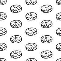 donut naadloos patroon. tekening donut patroon met zoet glazuur en hagelslag. tekenfilm donut wikkel, behang voor cafe of restaurant decoratie menu. nationaal donut dag, schets volwassen kleur bladzijde vector