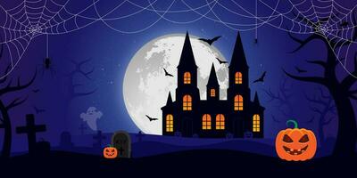 gelukkig halloween banier of partij uitnodiging achtergrond met vol maan kasteel vleermuizen kruis pompoenen spinnen geest vector vlak illustratie