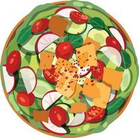 top visie dik. groen salade met vlak brood croutons. midden- oostelijk voedsel illustrator vector. vector