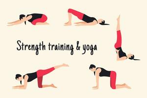 vrouw aan het doen sterkte opleiding en yoga poses naar blijven gezond en kom tot rust vector