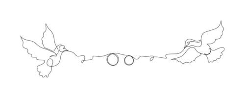 vogelstand met bruiloft ringen lijn kunst. doorlopend lijn tekening van twee duiven en verloofd ringen. vector