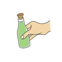 detailopname hand- Holding groen alcohol fles illustratie vector hand- getrokken geïsoleerd Aan wit achtergrond