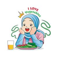 gezond voedsel. schattig weinig meisjes in hijab liefde groenten. vector illustratie