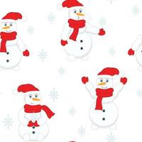 sneeuwmannen in sjaals, hoeden en sneeuwvlokken naadloos patroon vector