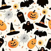 halloween naadloos patroon met heksenhoed, spinnenweb, graf, spook, pompoen en snoep. vector illustratie