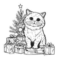 Kerstmis katje met Kerstmis boom en cadeaus hand- getrokken schetsen vector illustratie catroon