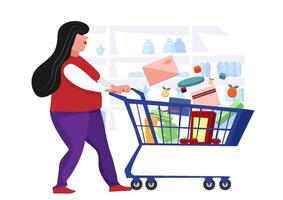 dik vrouw koper nemen een supermarkt kar vol van boodschappen. vrouw koper voortvarend kruidenier boodschappen doen kar klanten wie hebben producten. vector illustratie