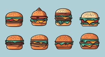 Hamburger illustraties. reeks van Hamburger illustraties. Hamburger vlak illustratie. snel voedsel element vlak ontwerp illustratie. Hamburger vlak ontwerp. heerlijk Hamburger. hamburger. vector