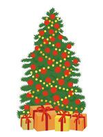 vector Kerstmis boom met geschenk dozen en decoraties. Kerstmis boom versierd illustratie.