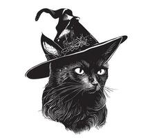 zwart kat in een heks hoed portret schetsen hand- getrokken halloween vector illustratie