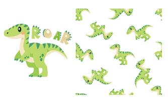 vector reeks voor het drukken Aan kinderen producten. schattig afdrukken voor het drukken en naadloos vector patroon.schattig terranosaurus en de opschrift brullen.