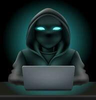 jong hacker programmeur het specialist codeur zittend Bij een laptop in een trui met een kap vector illustratie