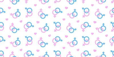 onderling verbonden mannetje en vrouw symbolen naadloos vector patroon. pastel roze en blauw. geslacht eenheid.