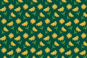 geel madeliefje bloemen naadloos patroon. vector groen achtergrond. kamille met oranje bloemblaadjes. swatch voor omhulsel papier of kleding stof. vlak stijl ontwerp