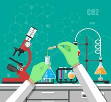 wetenschap experiment in laboratorium. lboratorium apparatuur, potten, bekers, kolven, microscoop, geest lamp. biologie wetenschap onderwijs medisch vector illustratie in vlak stijl