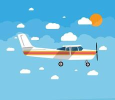 klein persoonlijk vliegtuig in lucht met lucht, wolken en zon. vector illustratie in vlak stijl