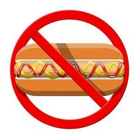 Nee snel voedsel toegestaan. verbod hotdog symbool. verboden heet hond, verboden ongezond Fast food. afwijzen rommel voedsel, snacks. dik, overgewicht. vector illustratie in vlak stijl