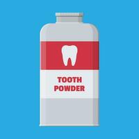 fles voor tandpasta. tand poeder in plastic pakket met tanden. tandheelkundig apparatuur. hygiëne en mondverzorging. vector illustratie in vlak stijl