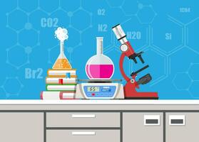 laboratorium apparatuur, potten, bekers, kolven, microscoop en stapel van boeken. schubben. biologie wetenschap onderwijs medisch. vector illustratie in vlak stijl