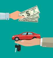 hand- geeft auto en sleutels naar een ander hand- met geld. kopen, verhuur of huren een auto. vector illustratie in vlak stijl