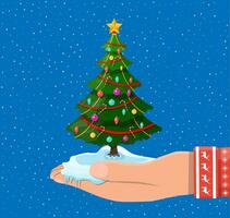 Kerstmis boom versierd met kleurrijk ballen, slinger lichten, gouden ster. spar, groenblijvend boom in hand. groet kaart, feestelijk poster, partij uitnodigingen. nieuw jaar. vector illustratie in vlak stijl