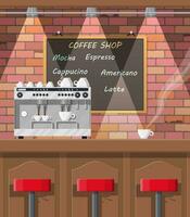 interieur van koffie winkel, kroeg, cafe of bar. bar balie, stoelen en bord met menu. koffie kop met heet drankje. steen muur en lamp. vector illustratie in vlak stijl.