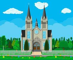 buitenkant van Katholiek of Protestant kerk kathedraal in gotisch stijl met hek en bomen achter. kapel. toren met kruis. vector illustratie in vlak stijl