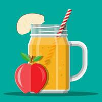 pot met appel smoothie met gestreept rietje. glas voor cocktails met handvat. appel vers fruit. vector illustratie in vlak stijl