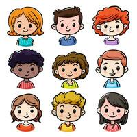 tekenfilm kinderen avatars set. schattig gezicht van jongens en meisjes met verschillend kapsels, huid kleuren en etniciteiten. vector illustratie met hand- getrokken stijl