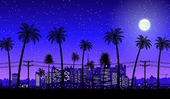 stad horizon silhouet Bij schemering. wolkenkrabbers, torens, kantoor en woonachtig gebouwen. stadsgezicht onder nacht lucht, maan en palm boom. vector illustratie