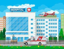 ziekenhuis gebouw, medisch icoon. gezondheidszorg, ziekenhuis en medisch diagnostiek. urgentie en noodgeval Diensten. weg, lucht, zon, boom. auto en helikopter. vector illustratie in vlak stijl