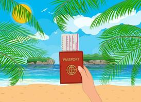 paspoort en vliegtuig ticket in hand. landschap van palm boom Aan strand. zon met reflectie in water en wolken. dag in tropisch plaats. vakantie en vakantie. vector illustratie in vlak stijl