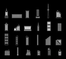 reeks van divers stad gebouwen. woon- en kantoor gebouwen, televisie toren. vector illustratie in vlak stijl geïsoleerd Aan zwart achtergrond