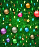 gedateerd Kerstmis boom met rood zilver goud blauw en groen glas ballen, kettingen, sterren. sjabloon voor groet of post- kaart, vector illustratie