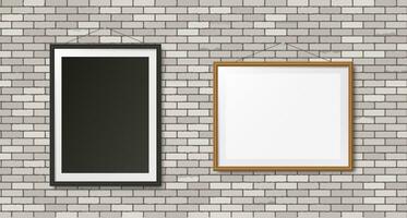 wit steen muur met realistisch houten zwart en bruin foto kozijnen. vector illustratie