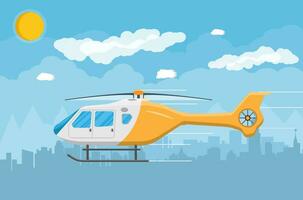 helikopter vervoer, antenne voertuig met propeller, civiel luchtvaart. stadsgezicht, lucht, wolken en zon. vector illustratie in vlak stijl