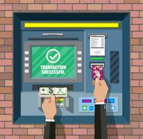 bank Geldautomaat. automatisch teller machine. programma elektronisch apparaat voor betalingen en terugtrekken contant geld van plastic kaart. economisch, bank en financiën industrie. vector illustratie in vlak stijl