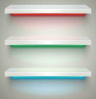 drie leeg wit plastic verlichte door neon lichten schappen met schaduwen Aan grijs licht achtergrond. vector illustratie