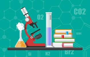 laboratorium apparatuur, potten, bekers, kolven, microscoop en stapel van boeken. biologie wetenschap onderwijs medisch. vector illustratie in vlak stijl