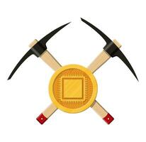 gouden munt met computer spaander en pikhouweel. mijnbouw symbool. geld en financiën. digitaal munteenheid. virtueel geld, cryptogeld en digitaal betaling systeem. vector illustratie in vlak stijl