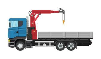 vrachtauto met kraan en platform. lading levering vrachtwagen. voertuig voor bouw en gebouw. auto voor vervoer. aanhangwagen voertuig. vector illustratie in vlak stijl