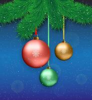 vakantie achtergrond kaart sjabloon Kerstmis Afdeling met hangende ballen Aan een blauw achtergrond met sneeuw vector