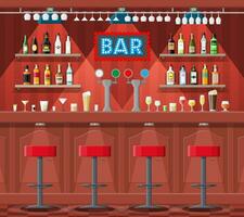 drinken vestiging. interieur van kroeg, cafe of bar. bar balie, stoelen en schappen met alcohol flessen. bril en lamp. houten decor. vector illustratie in vlak stijl.