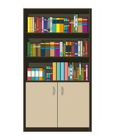 bibliotheek houten boek plank. boekenkast met verschillend boeken. kamer meubilair, kabinet met deuren. vector illustratie in vlak stijl