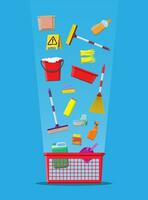 fles van wasmiddel, spons, zeep en rubber handschoenen. emmer, dweil, bezem, stoffer accessoires voor het wassen gerechten en huis schoonmaak. afwassen. vector illustratie in vlak stijl